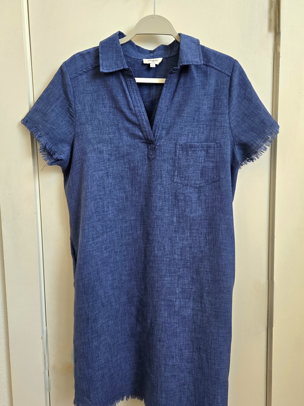 Umgee Indigo Cotton Blend Frayed Short Sleeve Split Neck Shift Dress